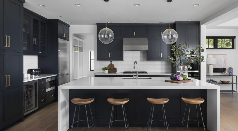 new kitchen design ideas modern clean navy cabinets brushed gold accents