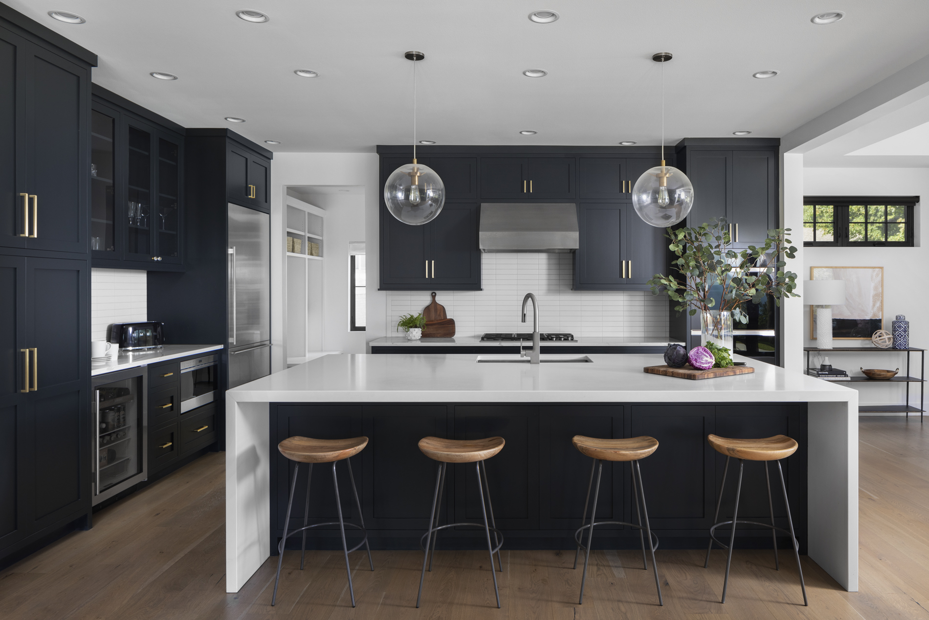 new kitchen design ideas modern clean navy cabinets brushed gold accents