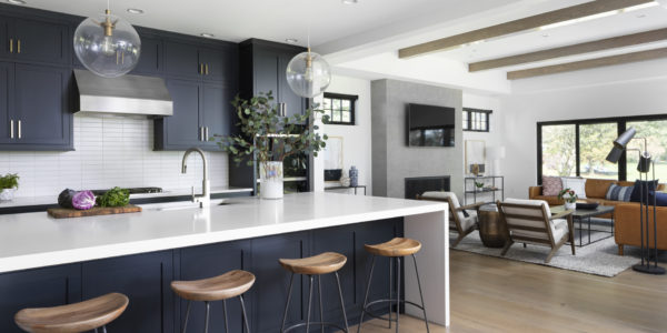 open-concept-kitchen-dark-cabinets-lakefront-home-glass-pendant-lights-brushed-gold